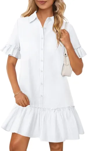 Women's Summer Cotton and Linen Button-Down Shirt Dress, Casual Ruffle Sleeve Straight mini Dress with Pockets