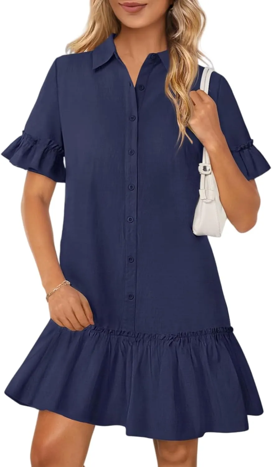 Women's Summer Cotton and Linen Button-Down Shirt Dress, Casual Ruffle Sleeve Straight mini Dress with Pockets