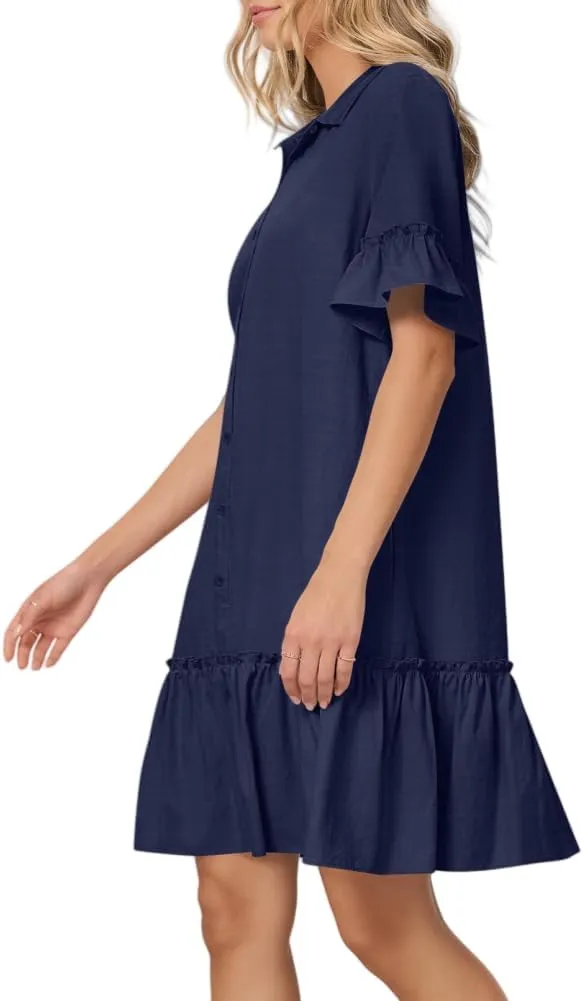 Women's Summer Cotton and Linen Button-Down Shirt Dress, Casual Ruffle Sleeve Straight mini Dress with Pockets