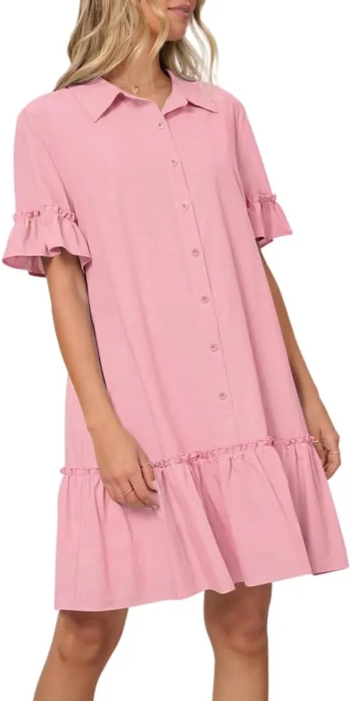 Women's Summer Cotton and Linen Button-Down Shirt Dress, Casual Ruffle Sleeve Straight mini Dress with Pockets