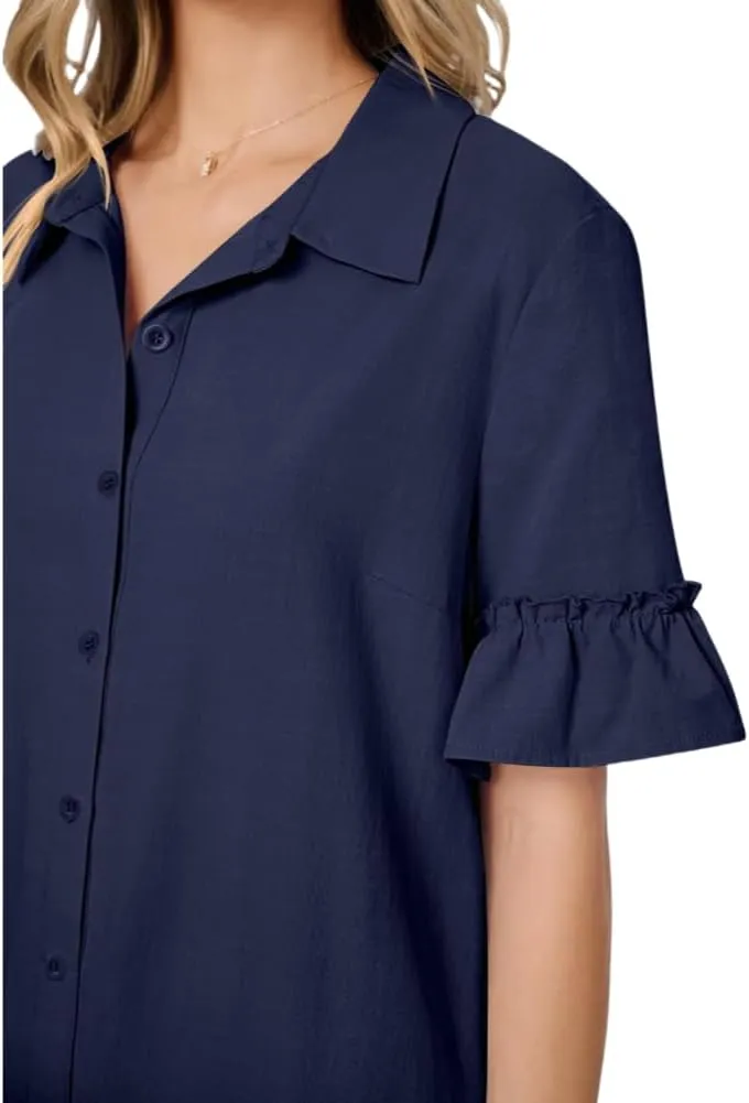 Women's Summer Cotton and Linen Button-Down Shirt Dress, Casual Ruffle Sleeve Straight mini Dress with Pockets