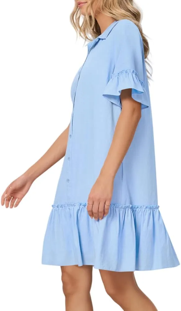 Women's Summer Cotton and Linen Button-Down Shirt Dress, Casual Ruffle Sleeve Straight mini Dress with Pockets
