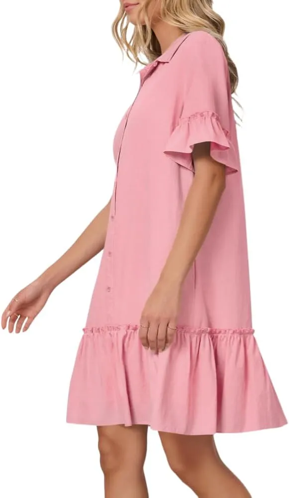 Women's Summer Cotton and Linen Button-Down Shirt Dress, Casual Ruffle Sleeve Straight mini Dress with Pockets