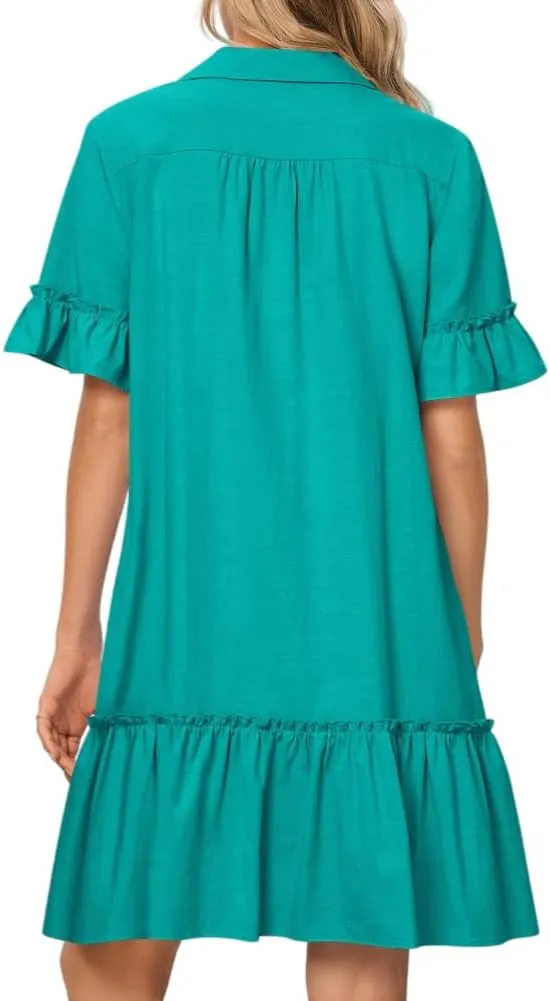 Women's Summer Cotton and Linen Button-Down Shirt Dress, Casual Ruffle Sleeve Straight mini Dress with Pockets