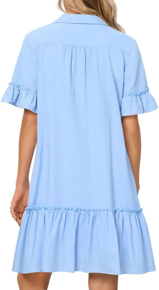 Women's Summer Cotton and Linen Button-Down Shirt Dress, Casual Ruffle Sleeve Straight mini Dress with Pockets