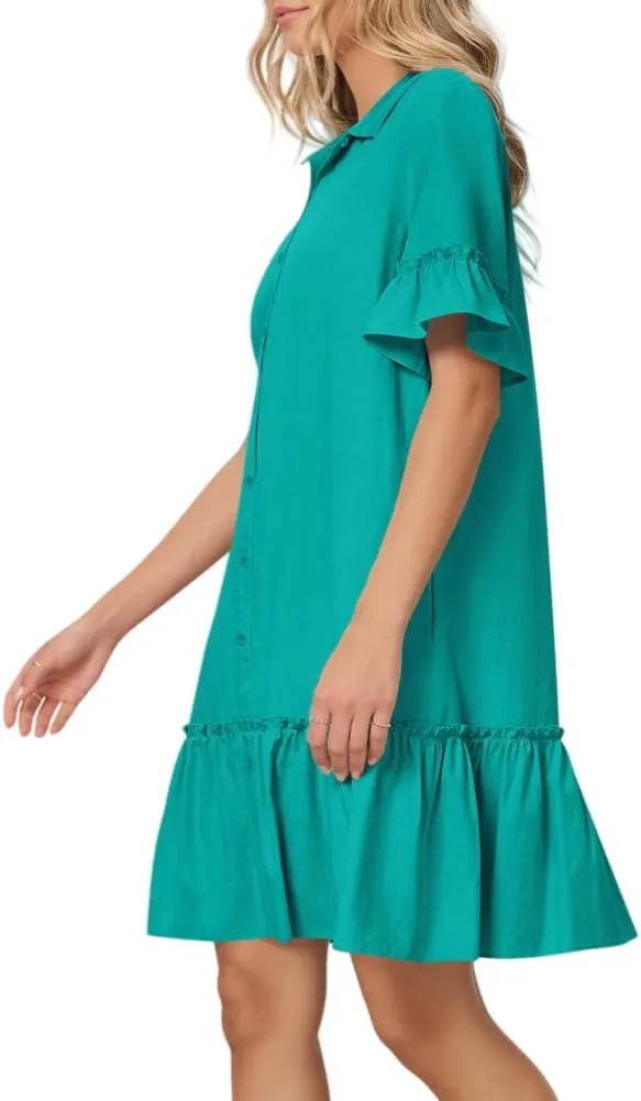 Women's Summer Cotton and Linen Button-Down Shirt Dress, Casual Ruffle Sleeve Straight mini Dress with Pockets
