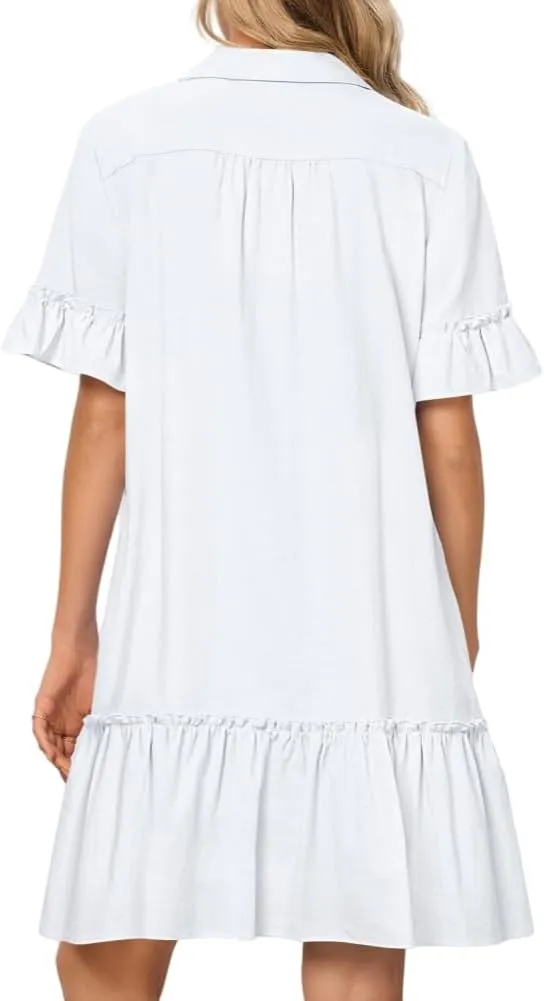 Women's Summer Cotton and Linen Button-Down Shirt Dress, Casual Ruffle Sleeve Straight mini Dress with Pockets