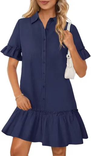 Women's Summer Cotton and Linen Button-Down Shirt Dress, Casual Ruffle Sleeve Straight mini Dress with Pockets