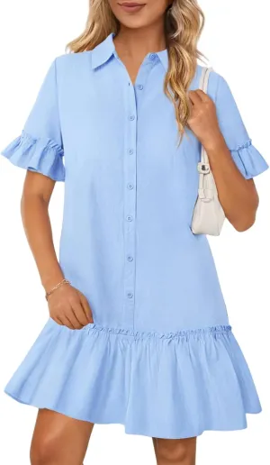 Women's Summer Cotton and Linen Button-Down Shirt Dress, Casual Ruffle Sleeve Straight mini Dress with Pockets