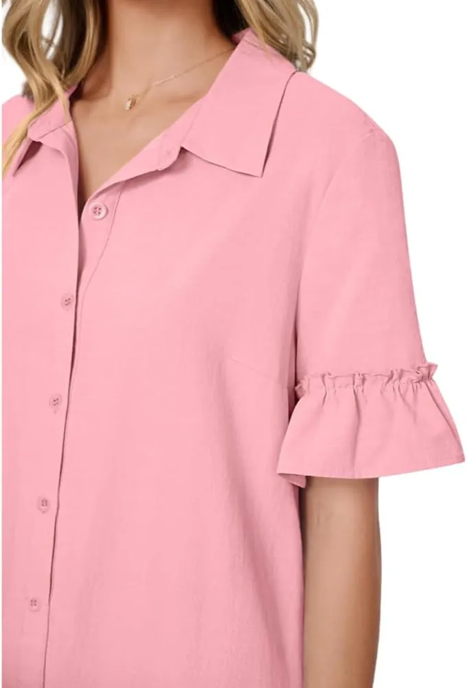 Women's Summer Cotton and Linen Button-Down Shirt Dress, Casual Ruffle Sleeve Straight mini Dress with Pockets