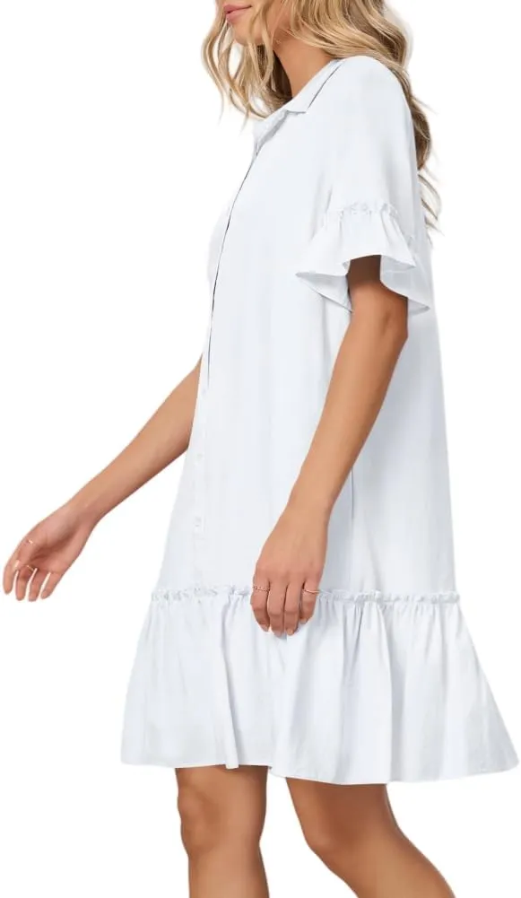 Women's Summer Cotton and Linen Button-Down Shirt Dress, Casual Ruffle Sleeve Straight mini Dress with Pockets