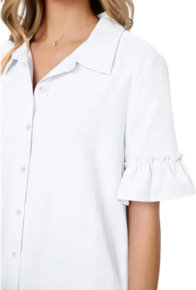 Women's Summer Cotton and Linen Button-Down Shirt Dress, Casual Ruffle Sleeve Straight mini Dress with Pockets