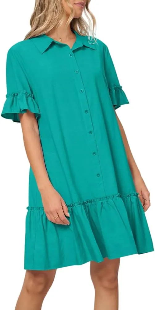 Women's Summer Cotton and Linen Button-Down Shirt Dress, Casual Ruffle Sleeve Straight mini Dress with Pockets