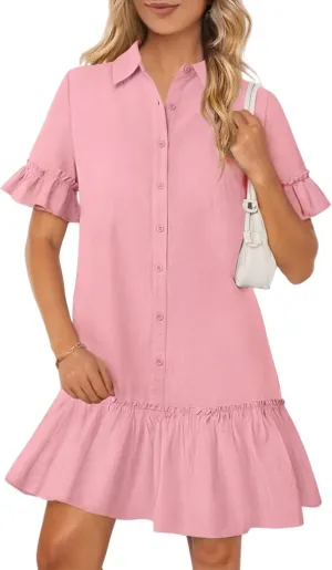 Women's Summer Cotton and Linen Button-Down Shirt Dress, Casual Ruffle Sleeve Straight mini Dress with Pockets