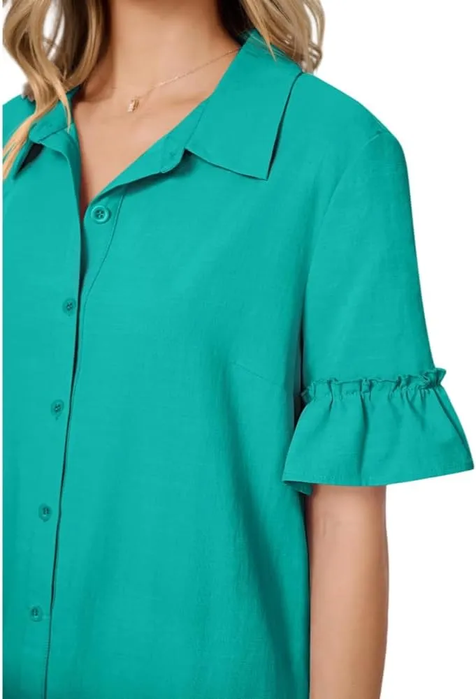 Women's Summer Cotton and Linen Button-Down Shirt Dress, Casual Ruffle Sleeve Straight mini Dress with Pockets