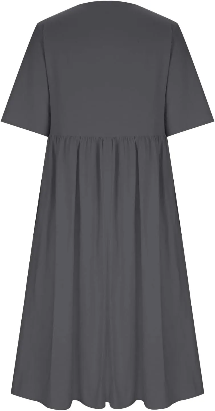 Womens Summer Cotton Linen Dresses Casual Short Sleeve Crew Neck Dress Trendy Loose Beach Sundress with Pockets
