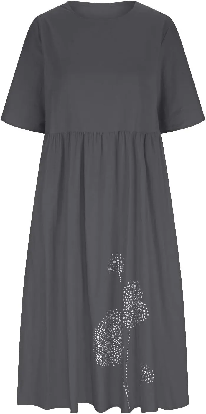 Womens Summer Cotton Linen Dresses Casual Short Sleeve Crew Neck Dress Trendy Loose Beach Sundress with Pockets