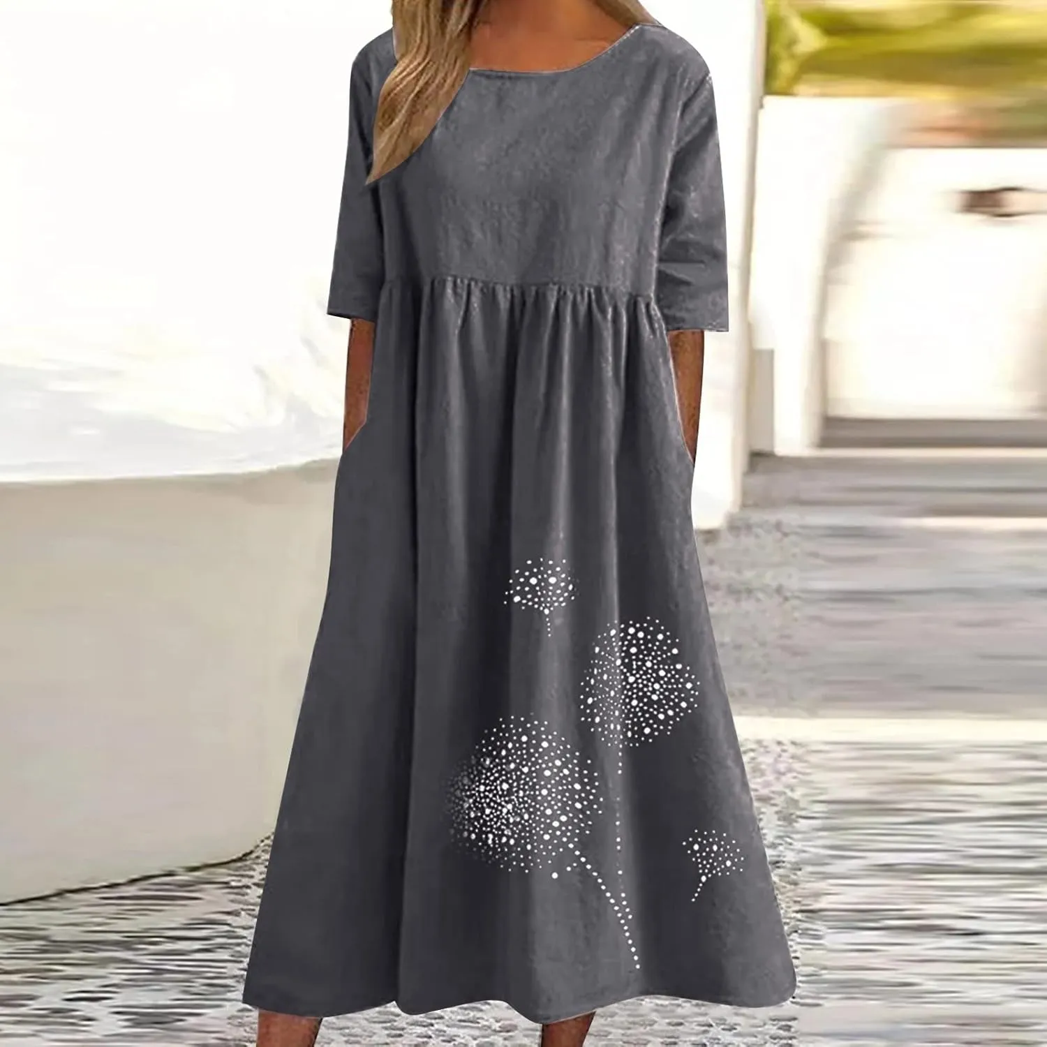 Womens Summer Cotton Linen Dresses Casual Short Sleeve Crew Neck Dress Trendy Loose Beach Sundress with Pockets