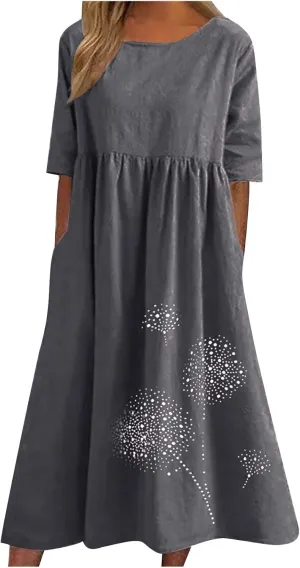 Womens Summer Cotton Linen Dresses Casual Short Sleeve Crew Neck Dress Trendy Loose Beach Sundress with Pockets