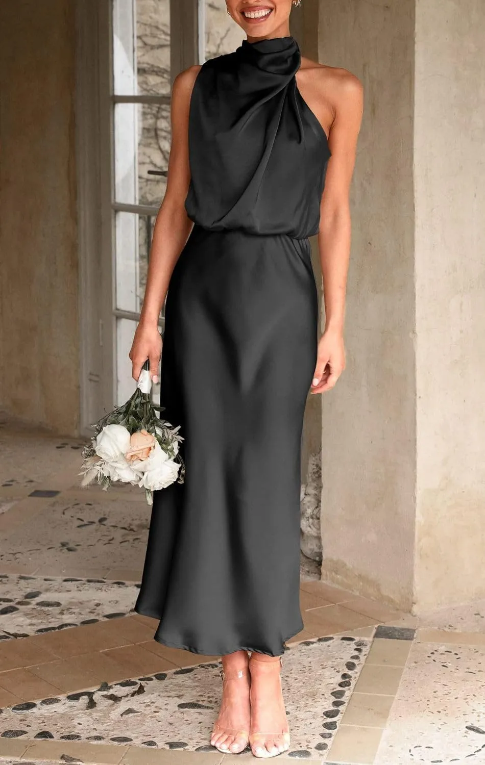 Women's Summer Country Vacation Dress Wedding Guest Mock Neck Sundress Semi Formal Sleeveless Midi Dress
