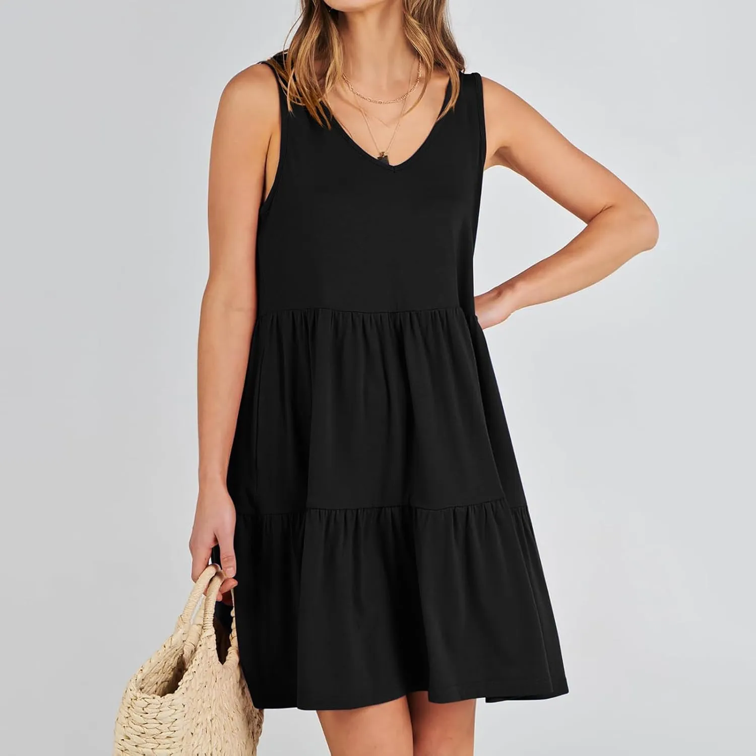 Womens Summer Dresses 2024 Sleeveless Smocked High Waist Ruffle Tiered Casual Swing Mini Dress Trendy Solid Sundress