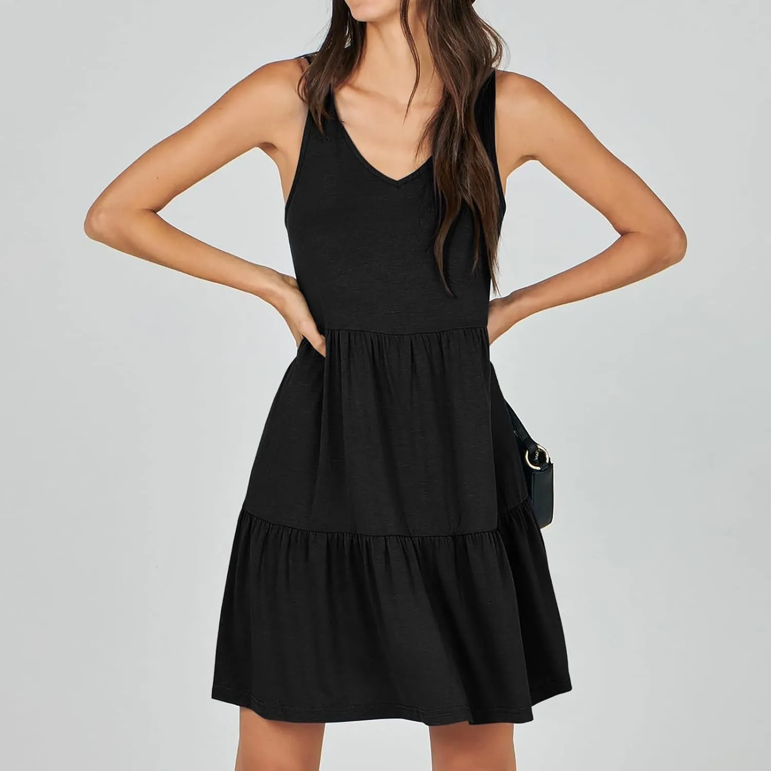 Womens Summer Dresses 2024 Sleeveless Smocked High Waist Ruffle Tiered Casual Swing Mini Dress Trendy Solid Sundress