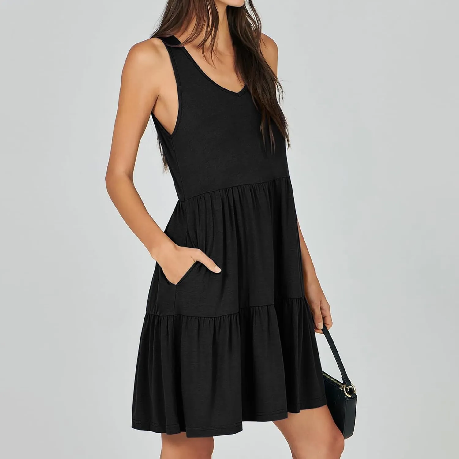 Womens Summer Dresses 2024 Sleeveless Smocked High Waist Ruffle Tiered Casual Swing Mini Dress Trendy Solid Sundress