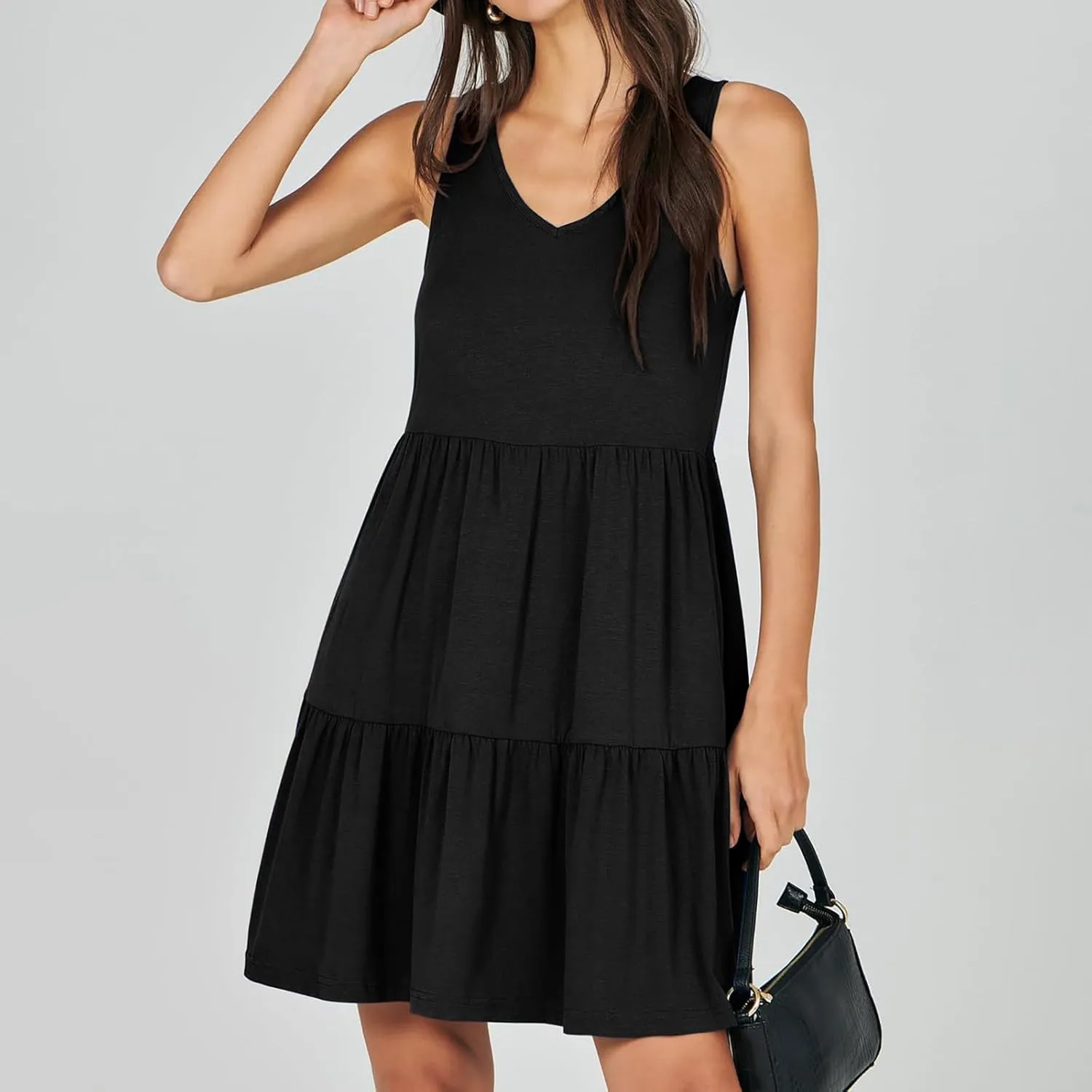 Womens Summer Dresses 2024 Sleeveless Smocked High Waist Ruffle Tiered Casual Swing Mini Dress Trendy Solid Sundress