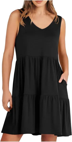 Womens Summer Dresses 2024 Sleeveless Smocked High Waist Ruffle Tiered Casual Swing Mini Dress Trendy Solid Sundress