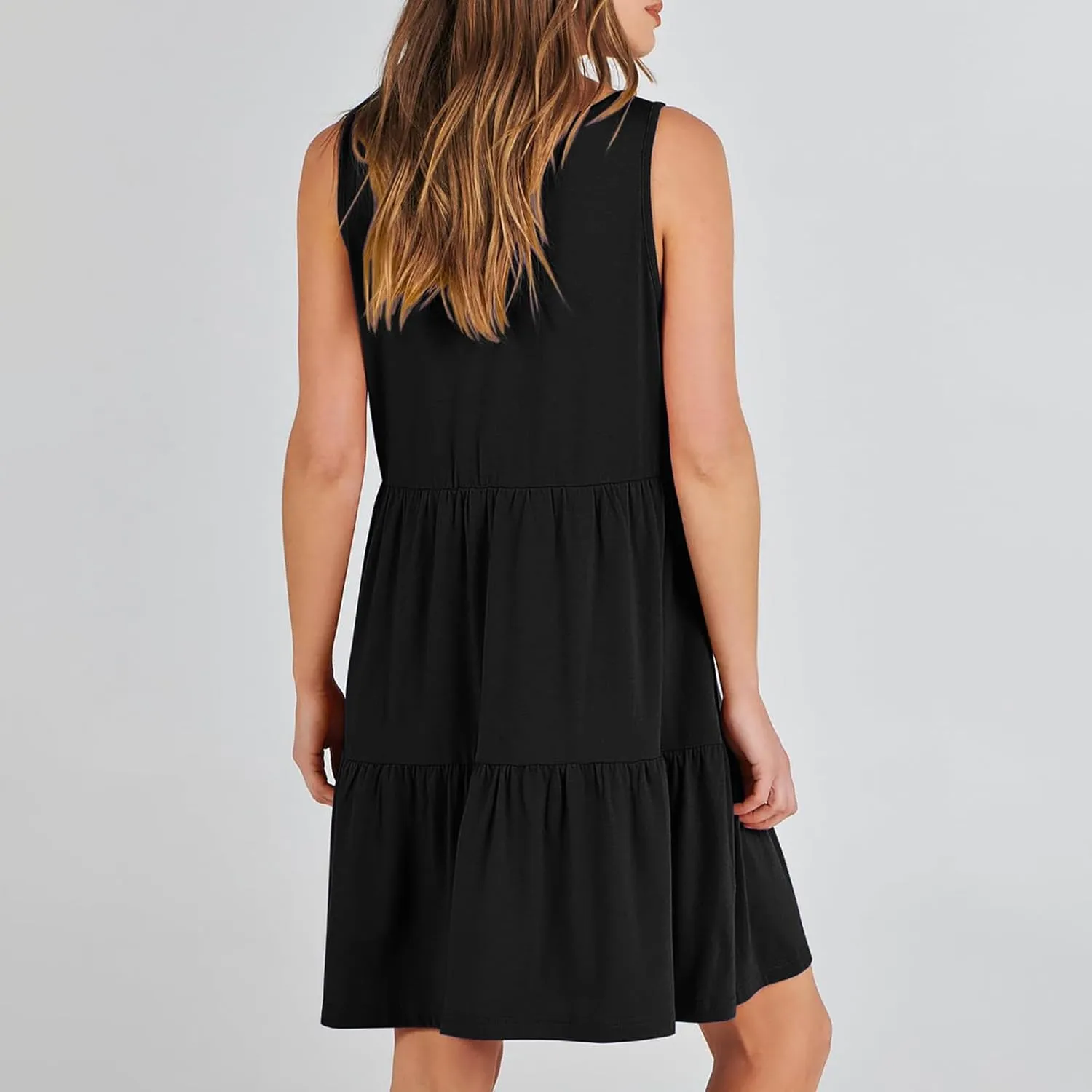 Womens Summer Dresses 2024 Sleeveless Smocked High Waist Ruffle Tiered Casual Swing Mini Dress Trendy Solid Sundress