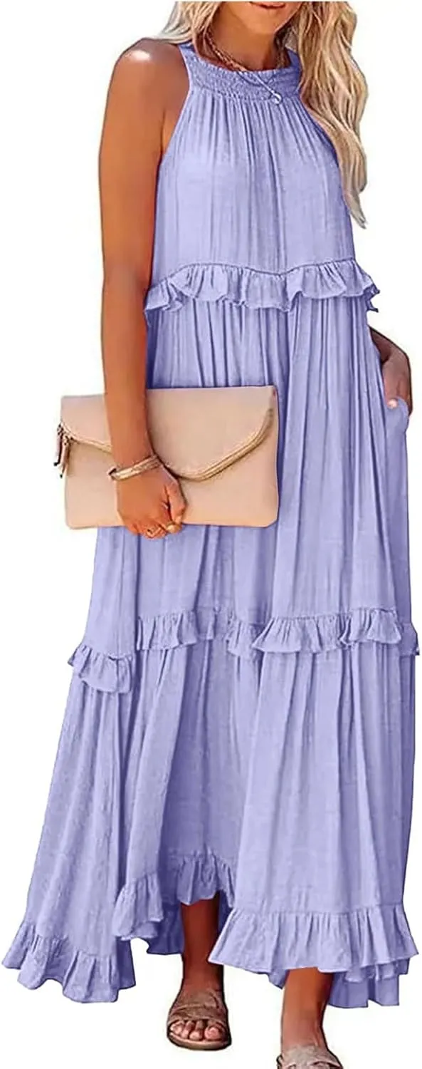 Womens Summer Dresses 2024, Swing Beach Maxi Dress Casual Boho Off Shoulder Sleeveless Loose Flowy Trendy Sundress