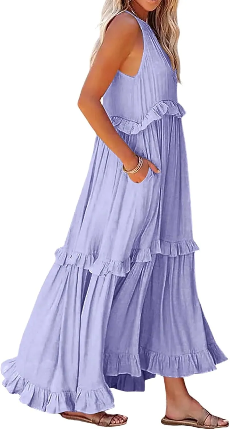 Womens Summer Dresses 2024, Swing Beach Maxi Dress Casual Boho Off Shoulder Sleeveless Loose Flowy Trendy Sundress