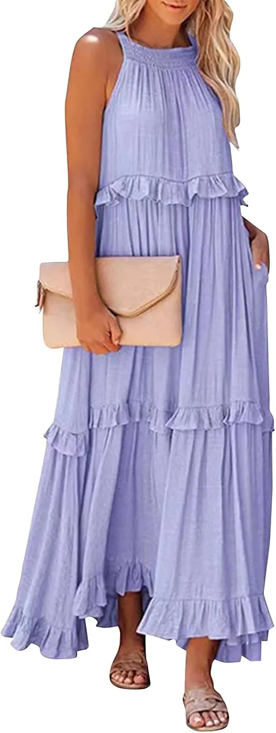 Womens Summer Dresses 2024, Swing Beach Maxi Dress Casual Boho Off Shoulder Sleeveless Loose Flowy Trendy Sundress
