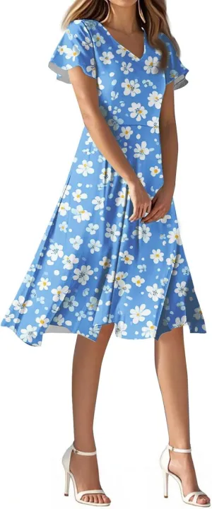 Women's Summer Dresses 2025 Short Sleeve Casual Midi Dresses V-Neck Floral Beach Vacation Party Dress