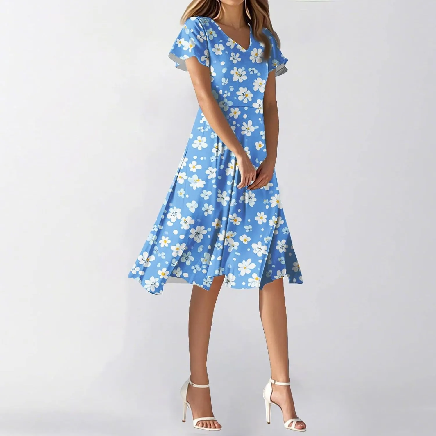 Women's Summer Dresses 2025 Short Sleeve Casual Midi Dresses V-Neck Floral Beach Vacation Party Dress