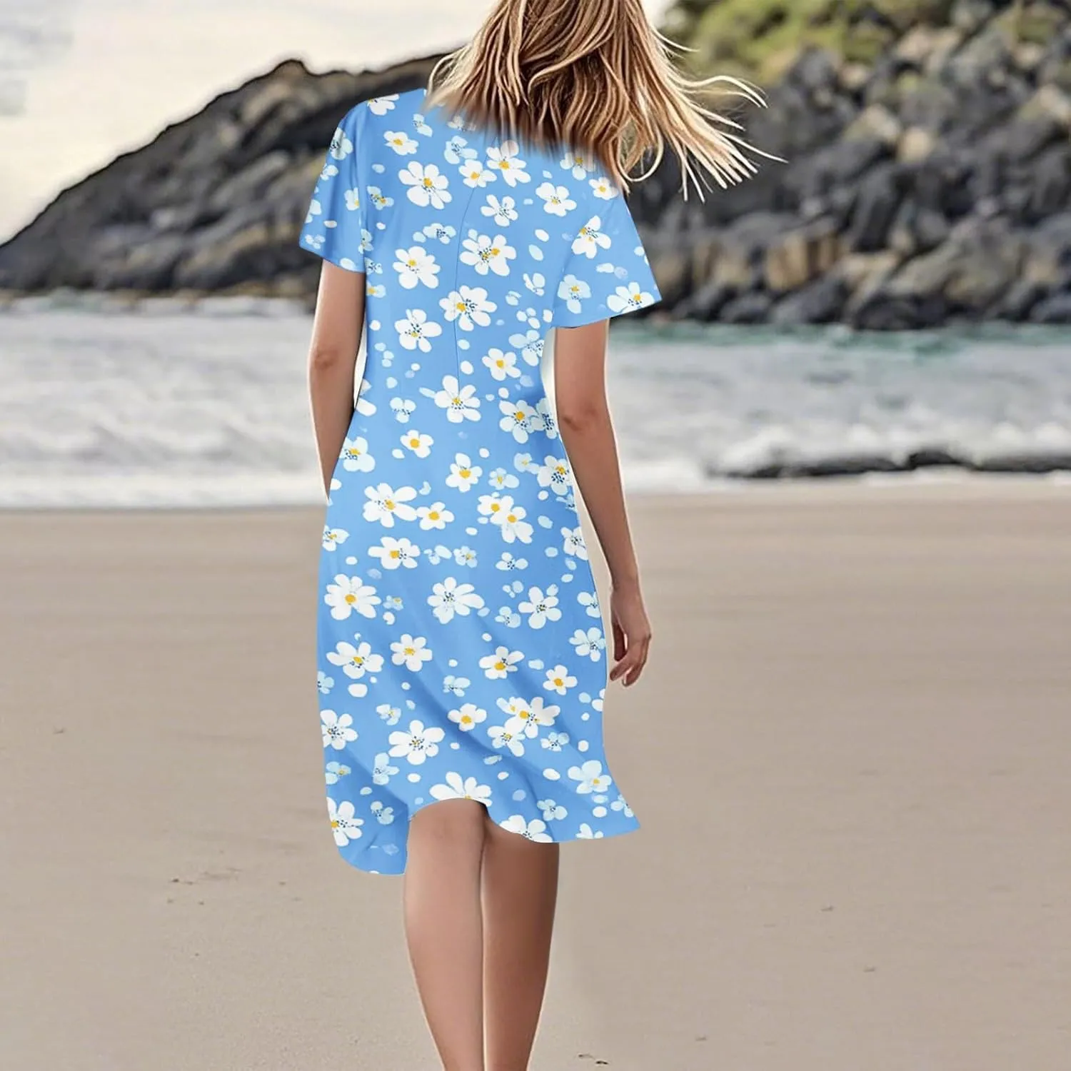 Women's Summer Dresses 2025 Short Sleeve Casual Midi Dresses V-Neck Floral Beach Vacation Party Dress
