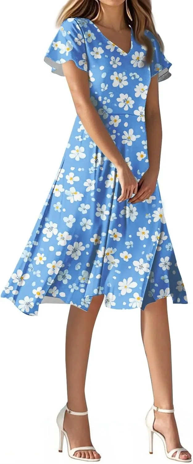 Women's Summer Dresses 2025 Short Sleeve Casual Midi Dresses V-Neck Floral Beach Vacation Party Dress