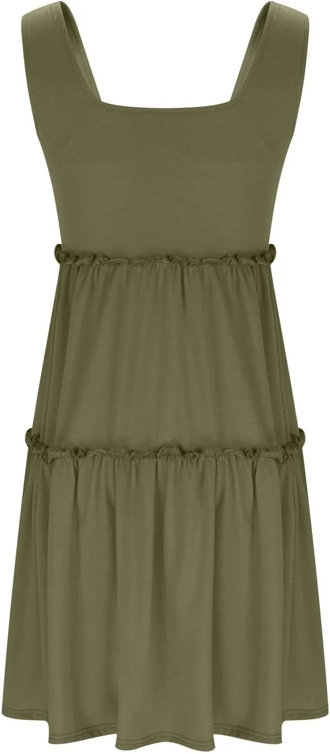 Womens Summer Dresses 2025 Sleeveless Square Neck Smocked Ruffle Tiered Casual Swing Mini Dress Beach Boho Sundress