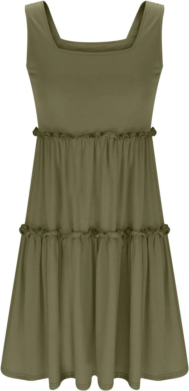 Womens Summer Dresses 2025 Sleeveless Square Neck Smocked Ruffle Tiered Casual Swing Mini Dress Beach Boho Sundress