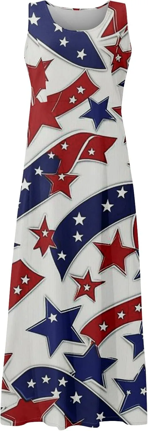 Womens Summer Dresses 2025 Trendy Stars Stripes Sleeveless Spaghetti Straps Maxi Dress 4th of July Patriotic Sundress