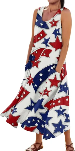 Womens Summer Dresses 2025 Trendy Stars Stripes Sleeveless Spaghetti Straps Maxi Dress 4th of July Patriotic Sundress
