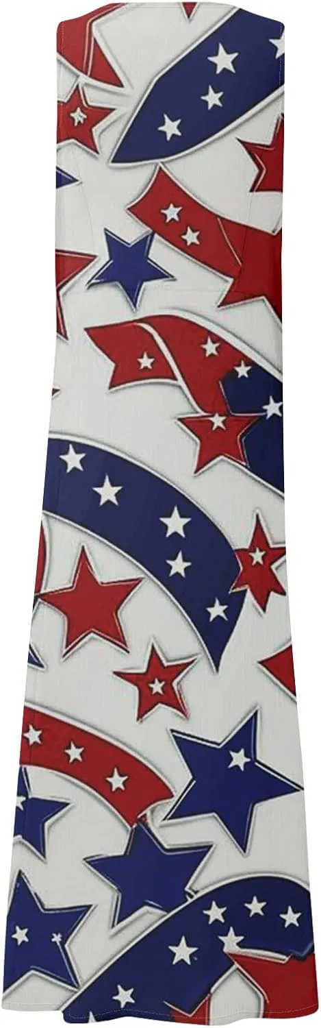 Womens Summer Dresses 2025 Trendy Stars Stripes Sleeveless Spaghetti Straps Maxi Dress 4th of July Patriotic Sundress