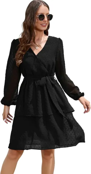 Women's Summer Dresses Casual Dress V Neck Ruffle High Waist Flowy Mini Dress with Belt
