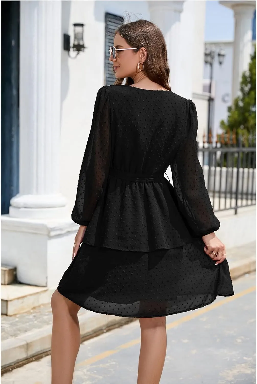 Women's Summer Dresses Casual Dress V Neck Ruffle High Waist Flowy Mini Dress with Belt