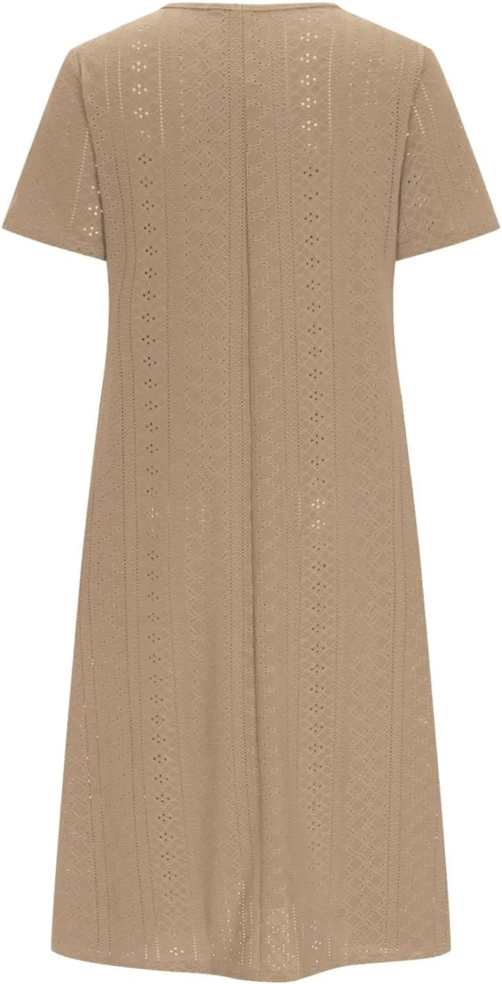 Womens Summer Dresses Casual Eyelet Short Sleeve Midi Dress Flowy Crewneck Beach Vacation Sundress 2024