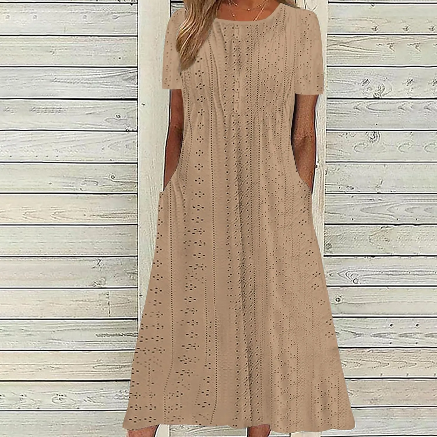 Womens Summer Dresses Casual Eyelet Short Sleeve Midi Dress Flowy Crewneck Beach Vacation Sundress 2024