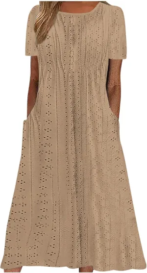 Womens Summer Dresses Casual Eyelet Short Sleeve Midi Dress Flowy Crewneck Beach Vacation Sundress 2024