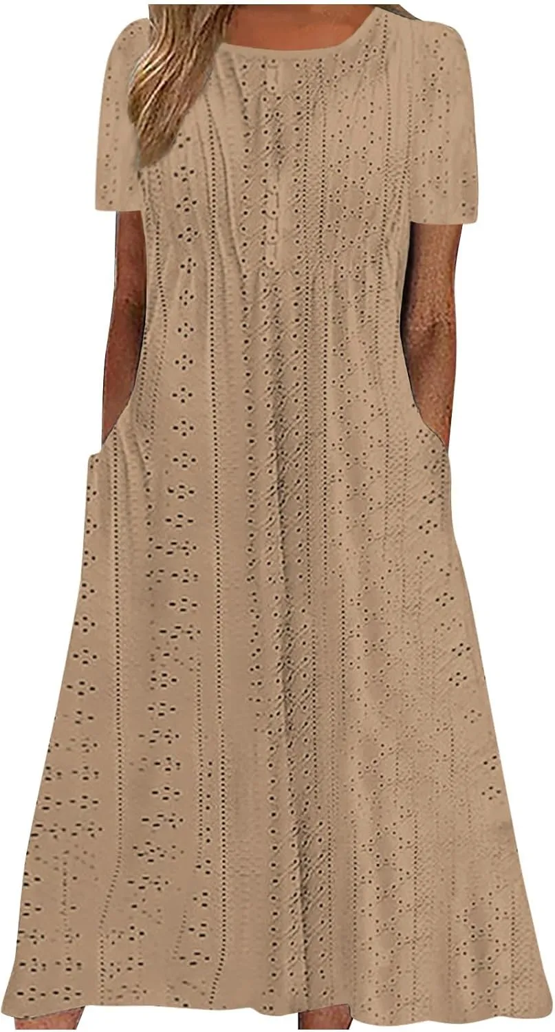Womens Summer Dresses Casual Eyelet Short Sleeve Midi Dress Flowy Crewneck Beach Vacation Sundress 2024