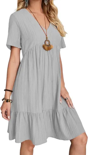 Women's Summer Dresses Casual Midi Swing Short Sleeve V Neck Tiered A Line Flowy Beach Dress Sundress 2024