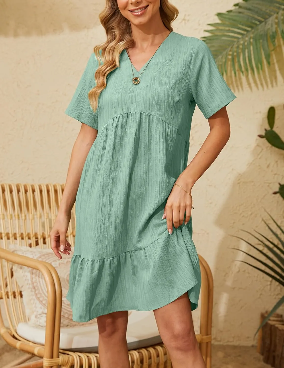 Women's Summer Dresses Casual Midi Swing Short Sleeve V Neck Tiered A Line Flowy Beach Dress Sundress 2024